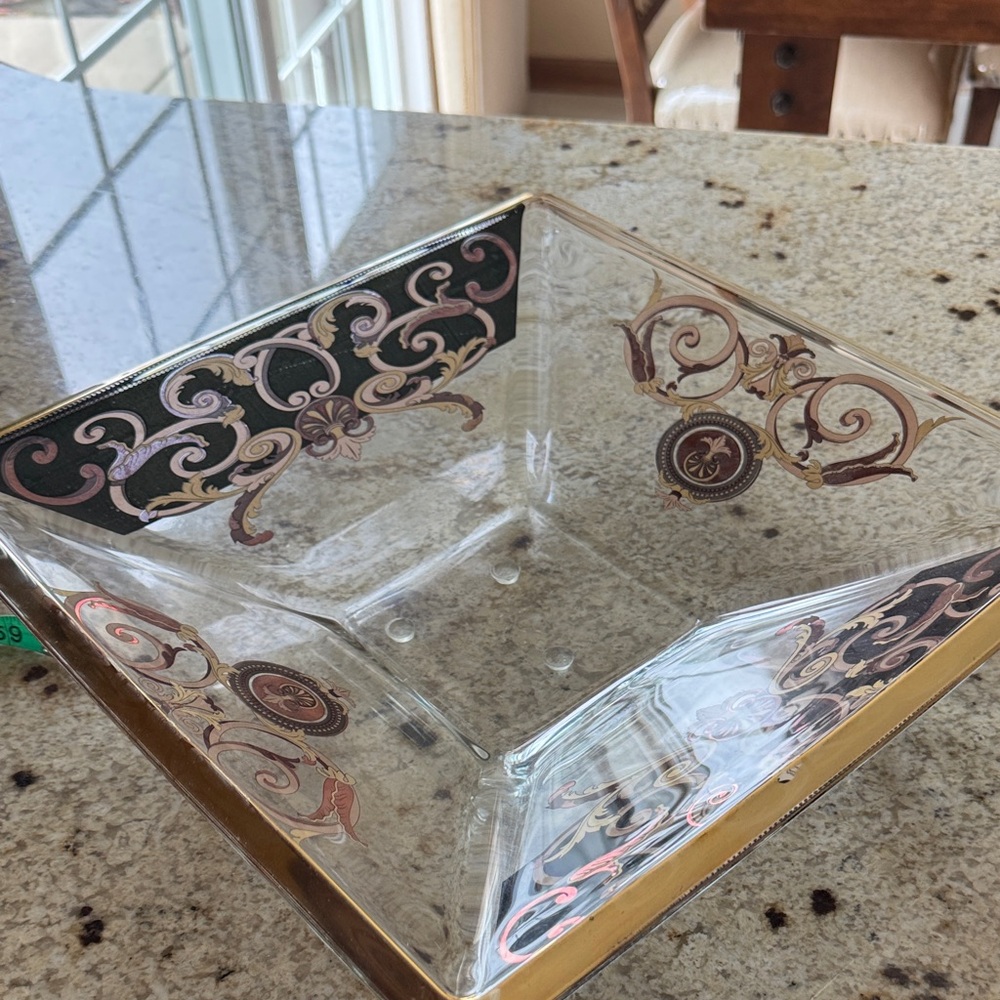 Decorative Glass Bowl with Gold and Pink Scroll Accents